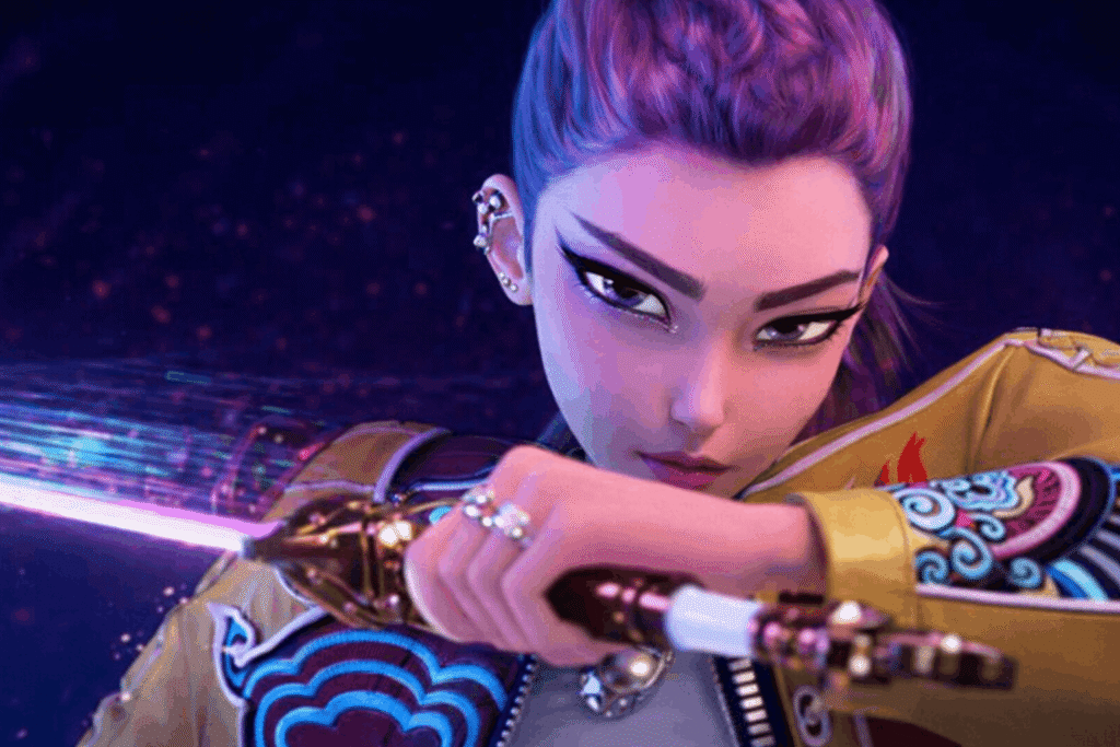 A woman with vibrant purple hair confidently holds a sword