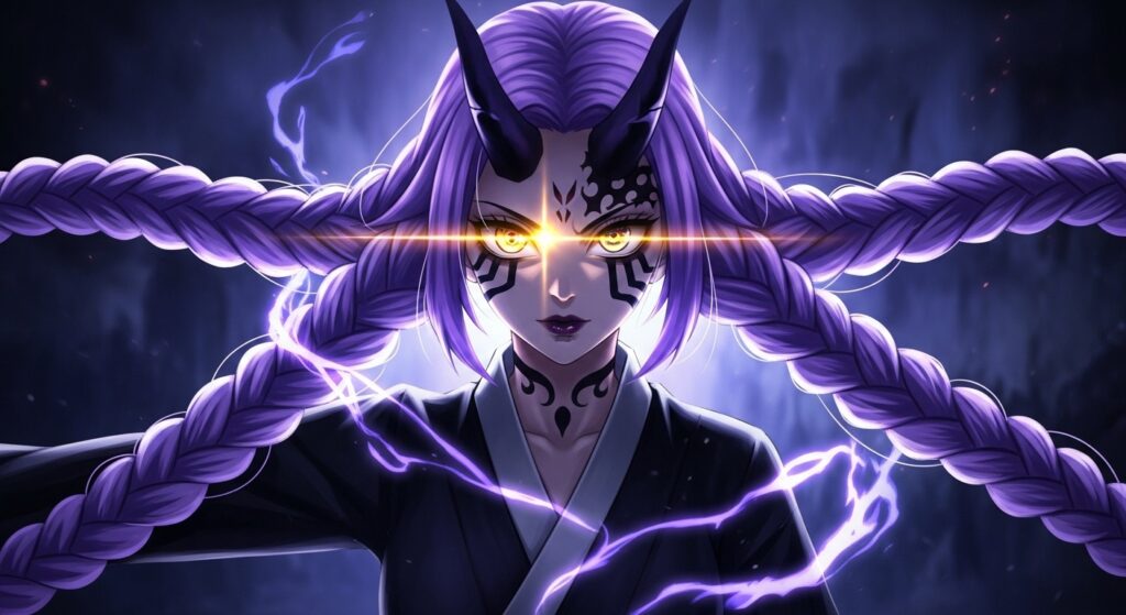 A woman with vibrant purple hair stands against a dramatic backdrop of lightning