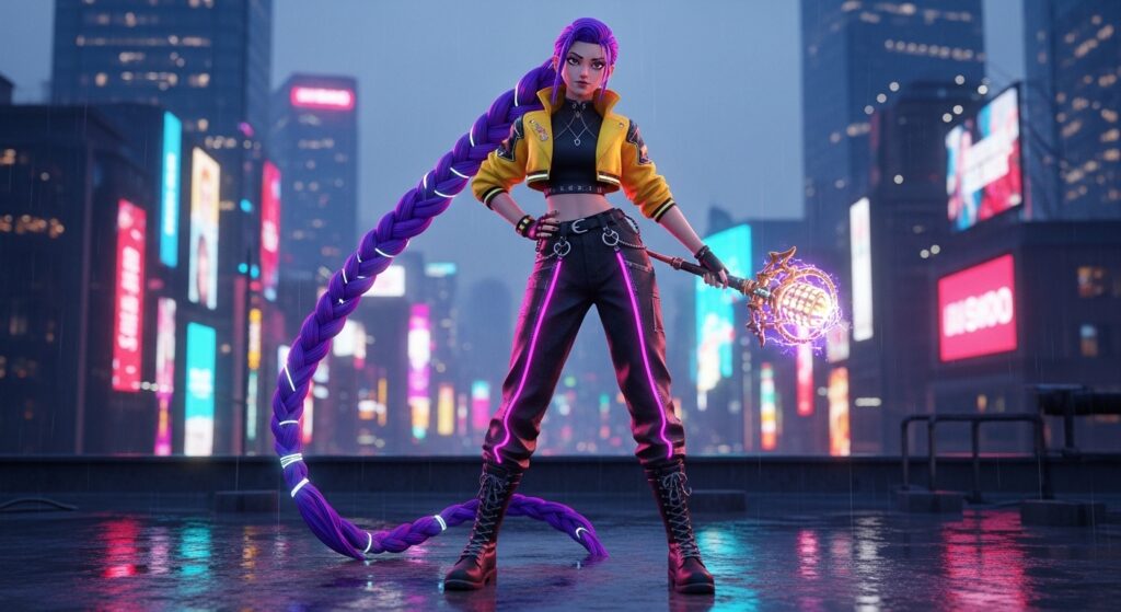 A woman with vibrant purple hair stands confidently in front of a bustling city skyline