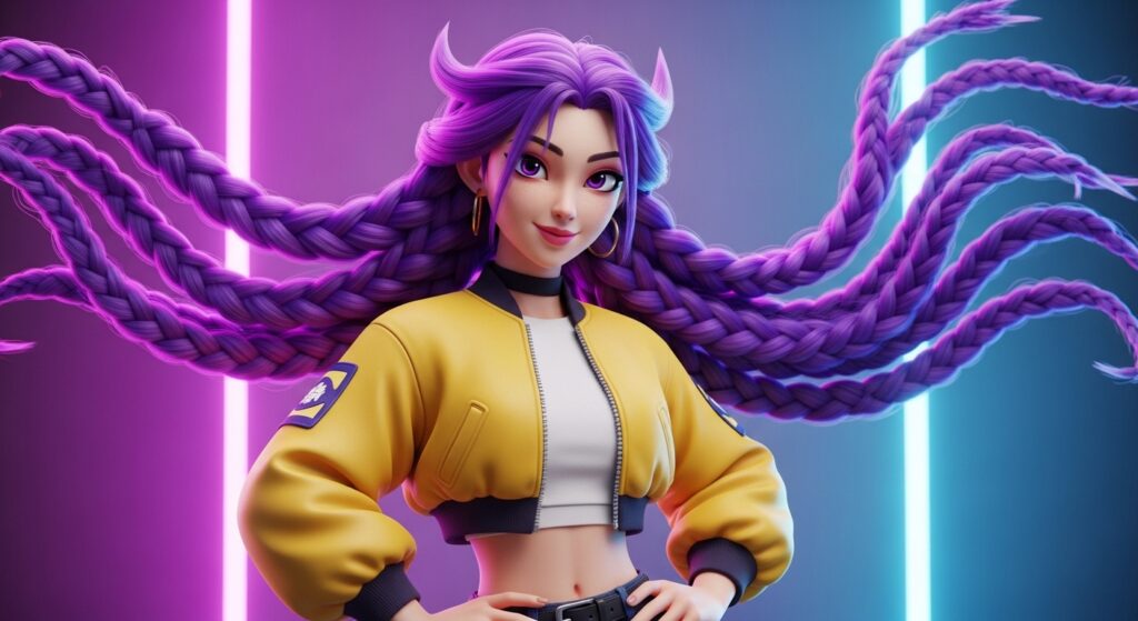 A woman with vibrant purple hair styled elegantly