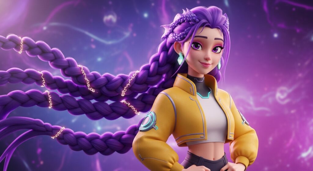 A woman with vibrant purple hair styled in intricate purple braids