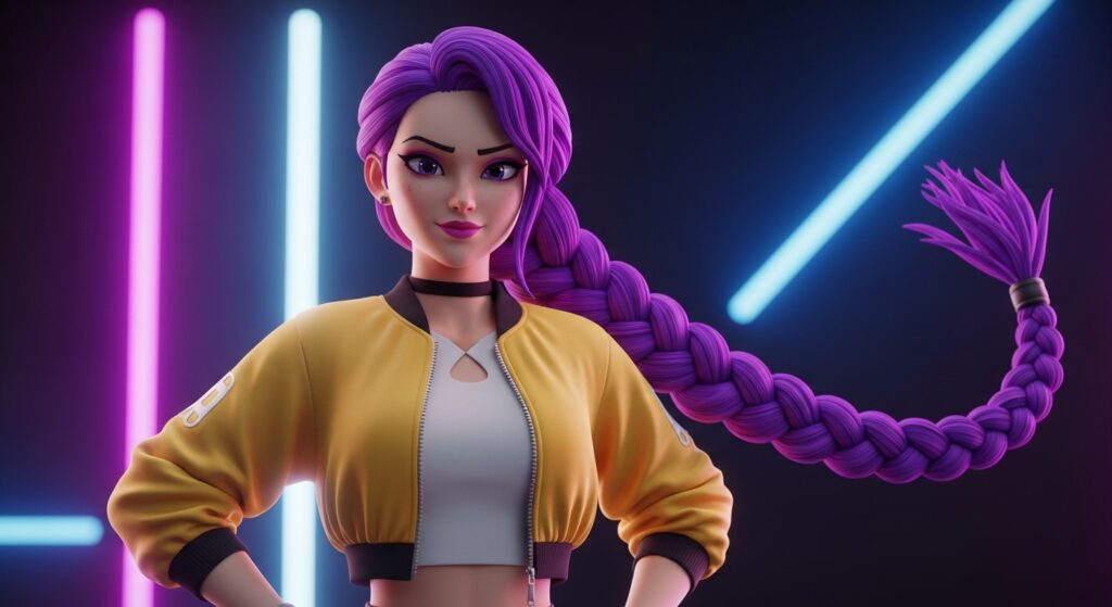 A woman with vibrant purple hair wearing a bright yellow jacket stands confidently