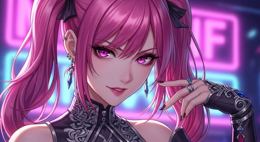 A young girl with pink hair and purple eyes smiles brightly