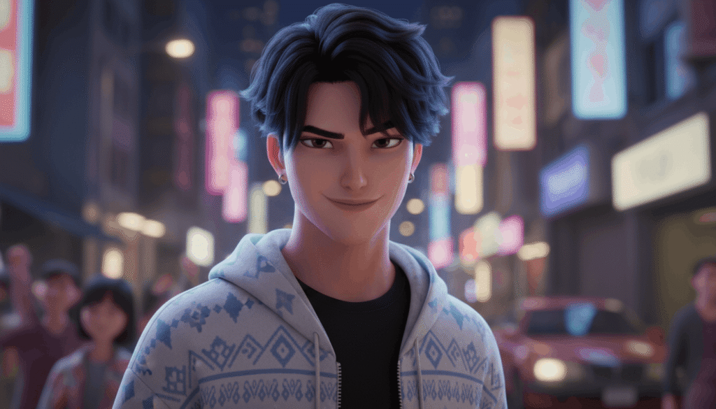 A young man wearing a hoodie stands on a city street