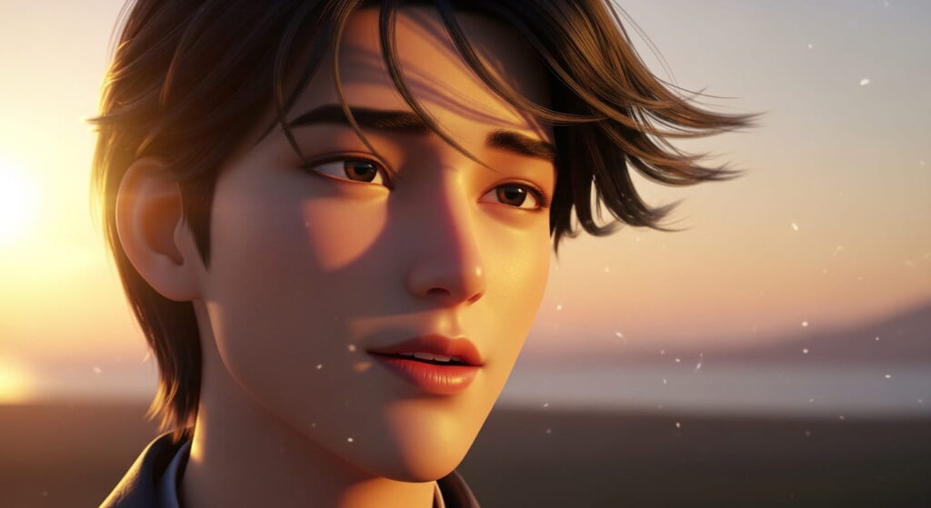 A young man with dark hair and eyes gazes thoughtfully to the side