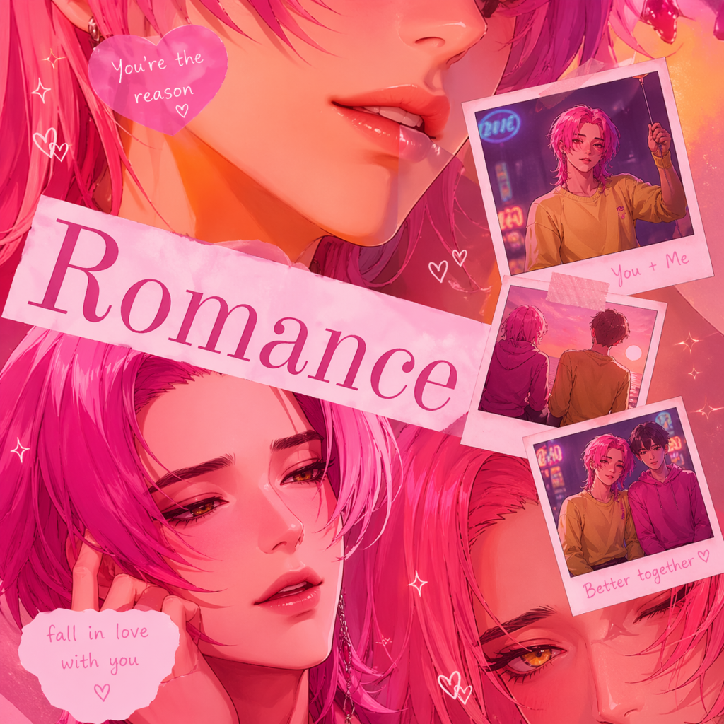 Aesthetic romance wallpaper with pink anime character, soft hearts, and dreamy love quotes collage