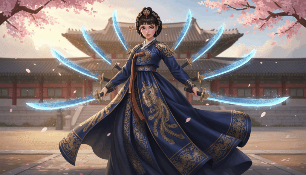 An Asian woman in a blue dress confidently holds two swords