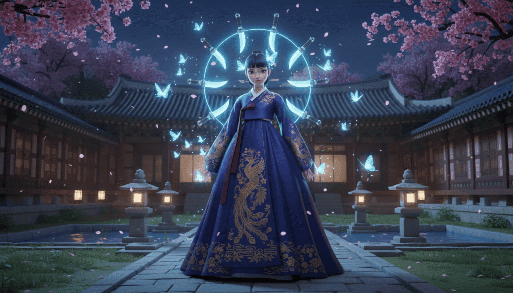 An Asian woman in a blue dress stands confidently in front of a modern building