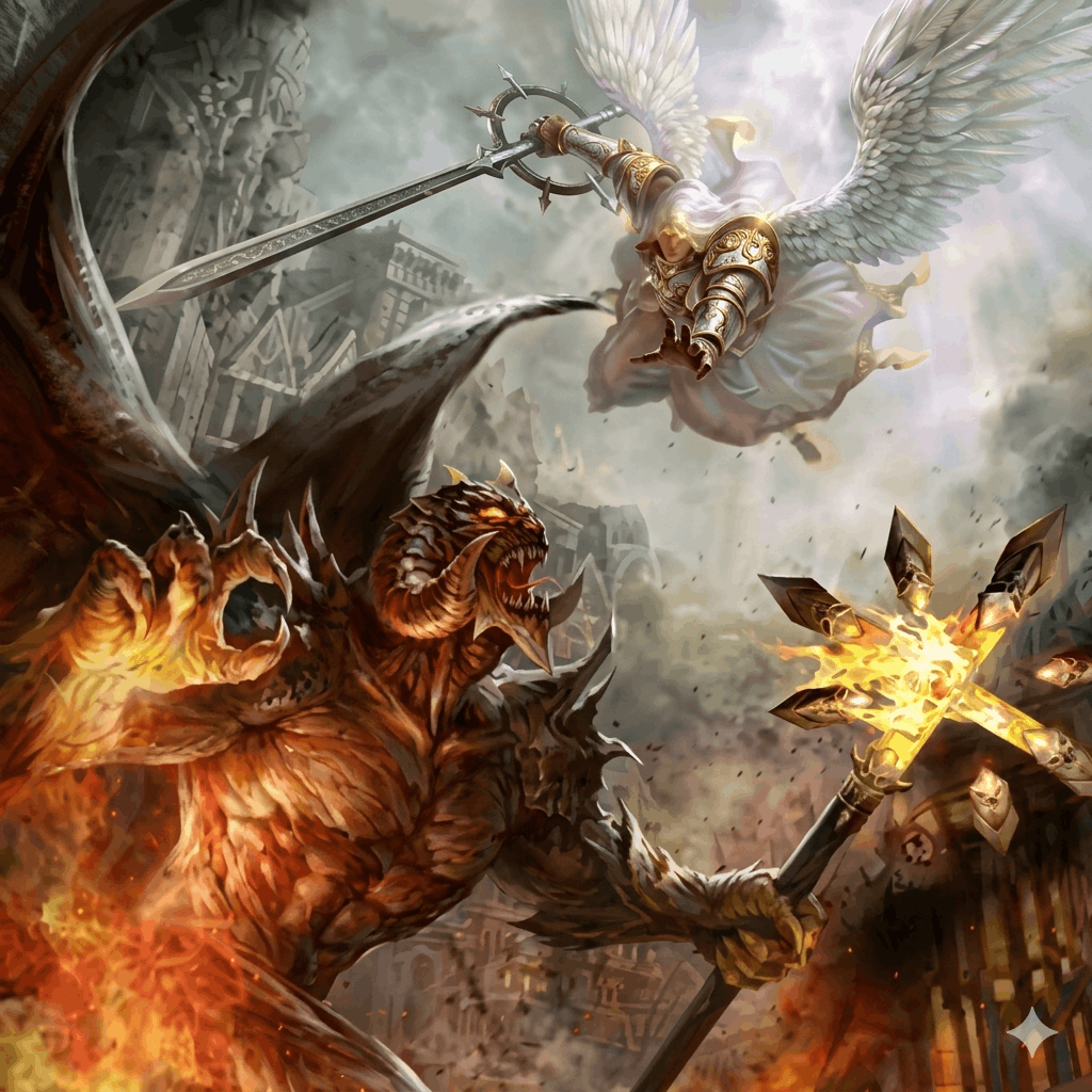 An angel and a demon clash fiercely