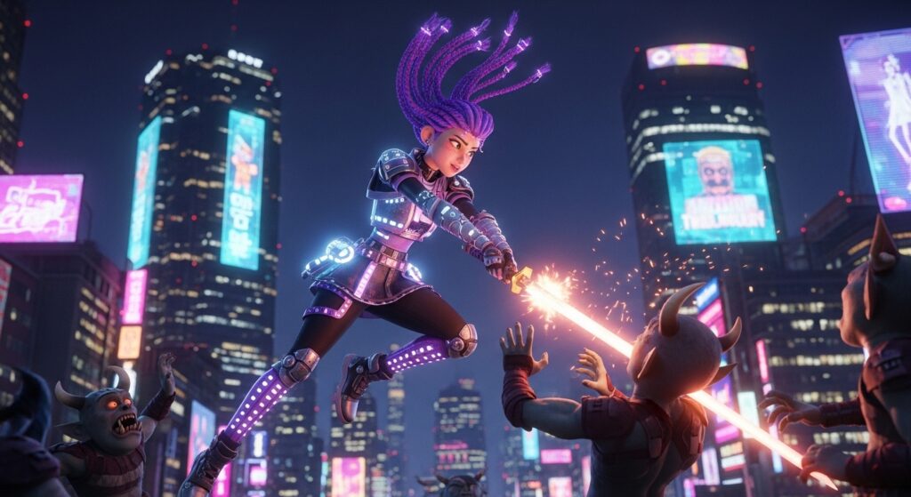 An animated movie is being screened outdoors in a bustling city