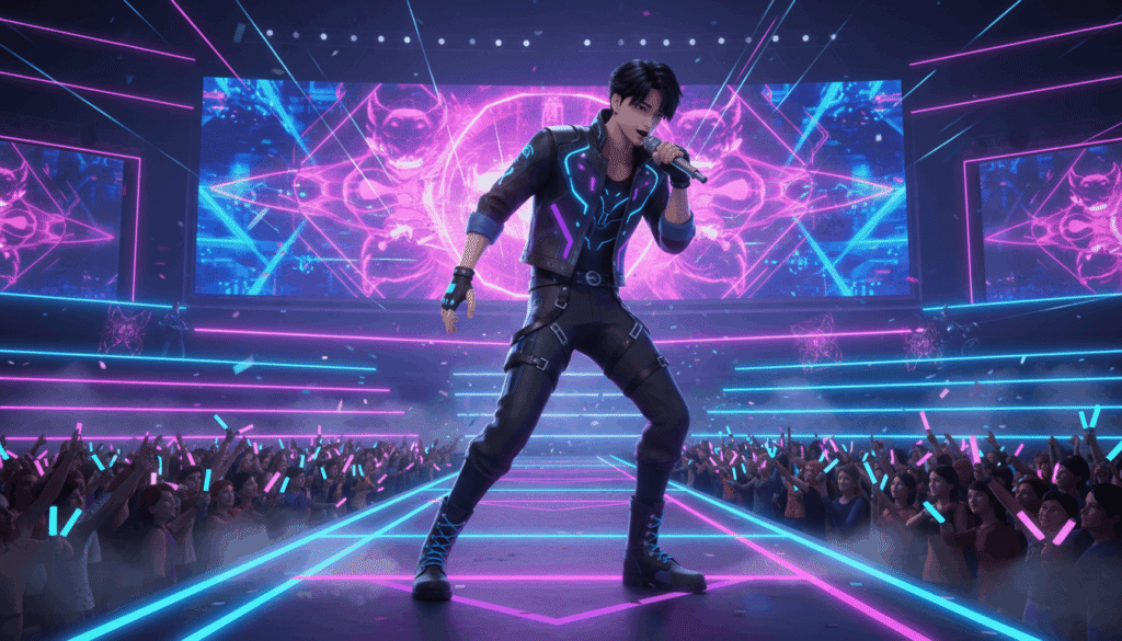 Animated character stands on stage