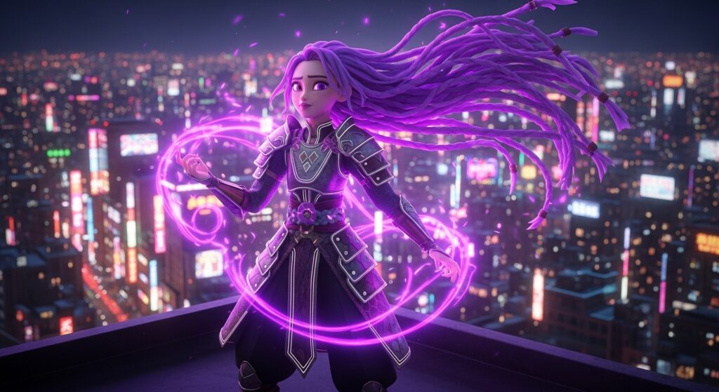 Animated character with purple hair stands on a rooftop