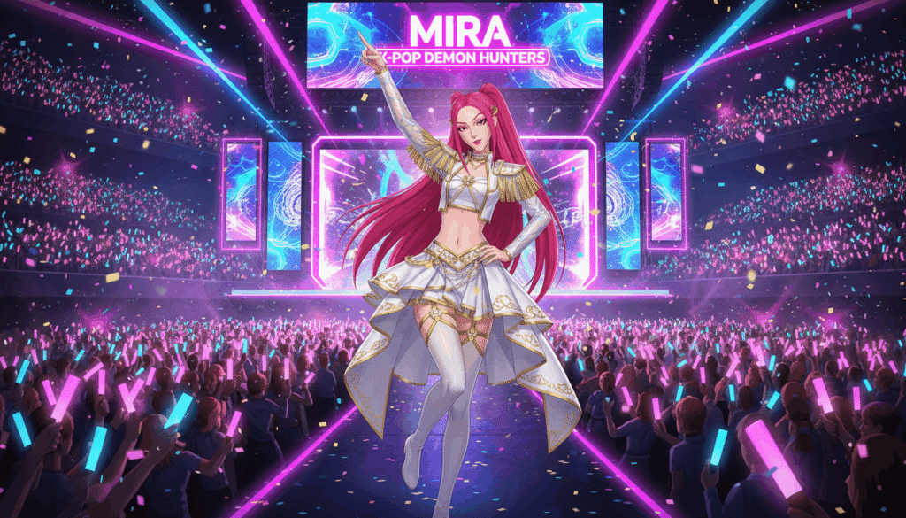 Anime character stands confidently in front of an enthusiastic crowd