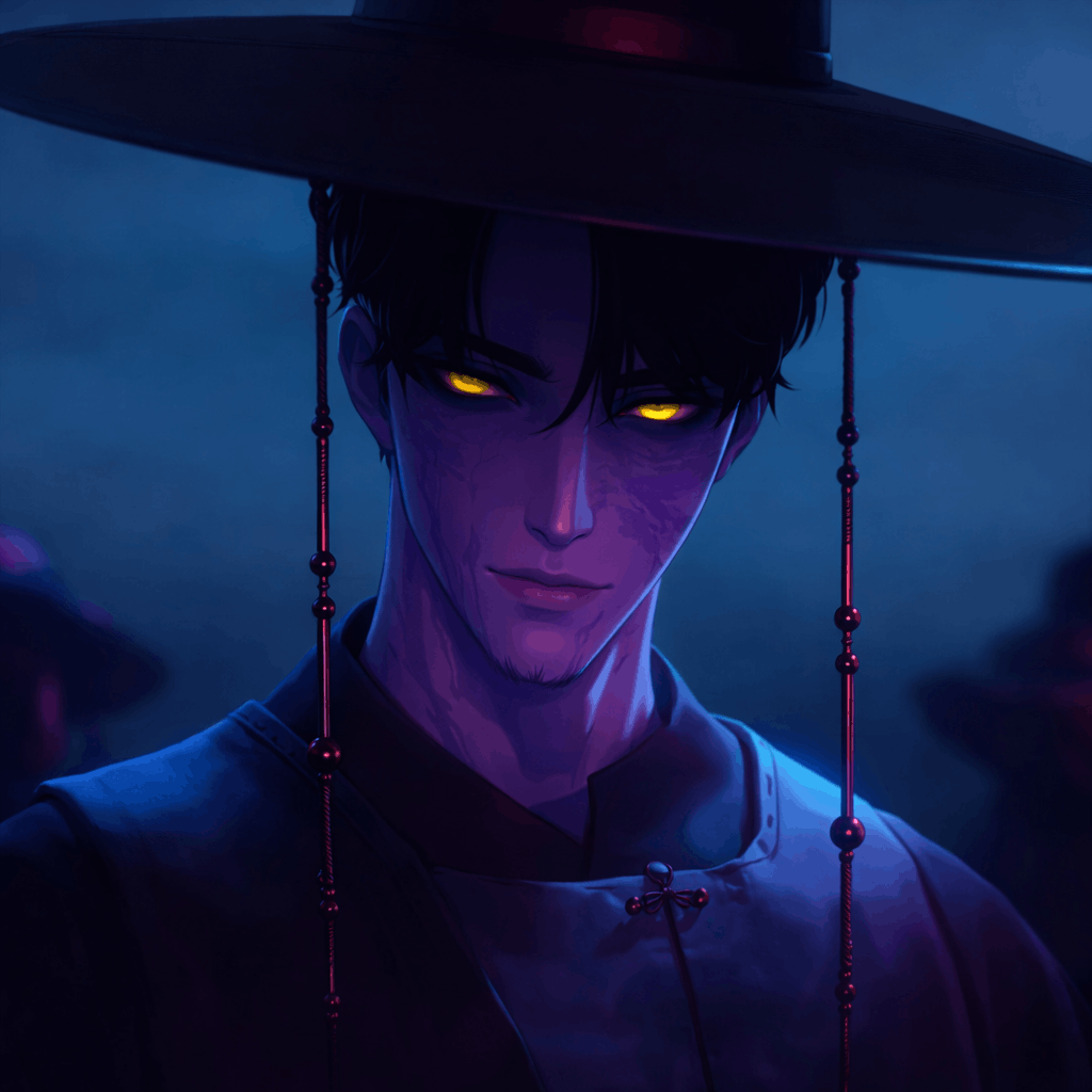 Anime character wearing a hat with glowing eyes