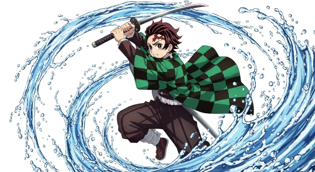 Anime character wielding a sword stands in water