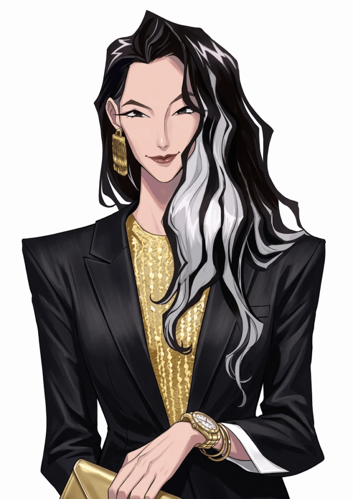 Anime character with long hair in a black suit and gold top