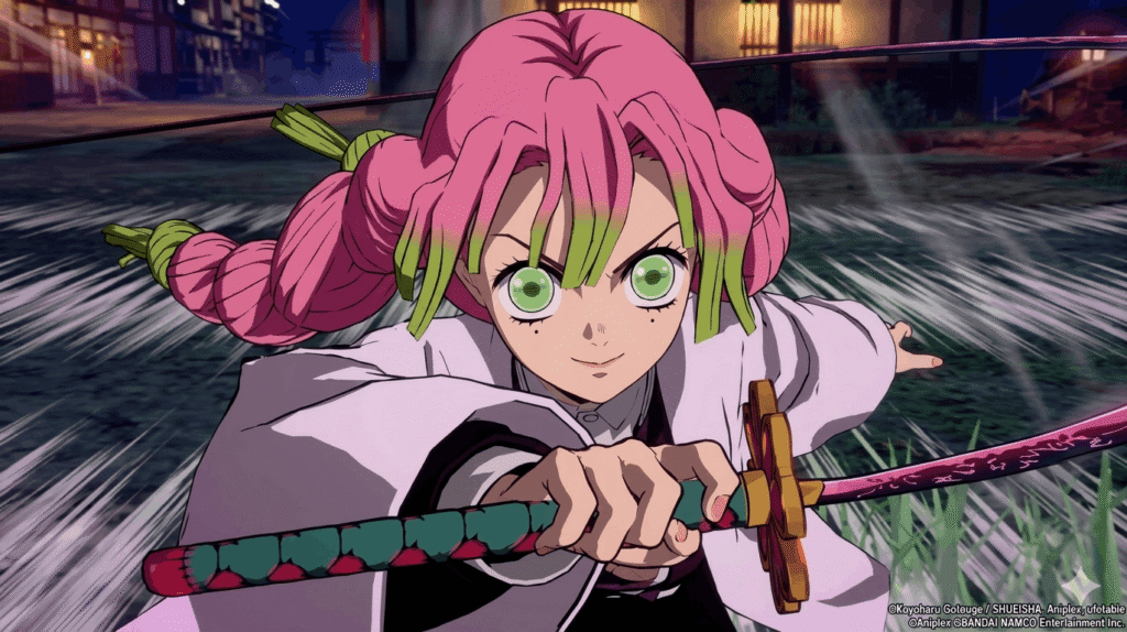 Anime character with pink hair and green eyes