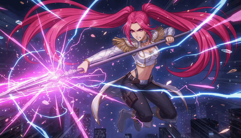 Anime character with pink hair wielding a sword