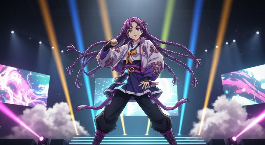 . Anime character with purple hair standing confidently on stage