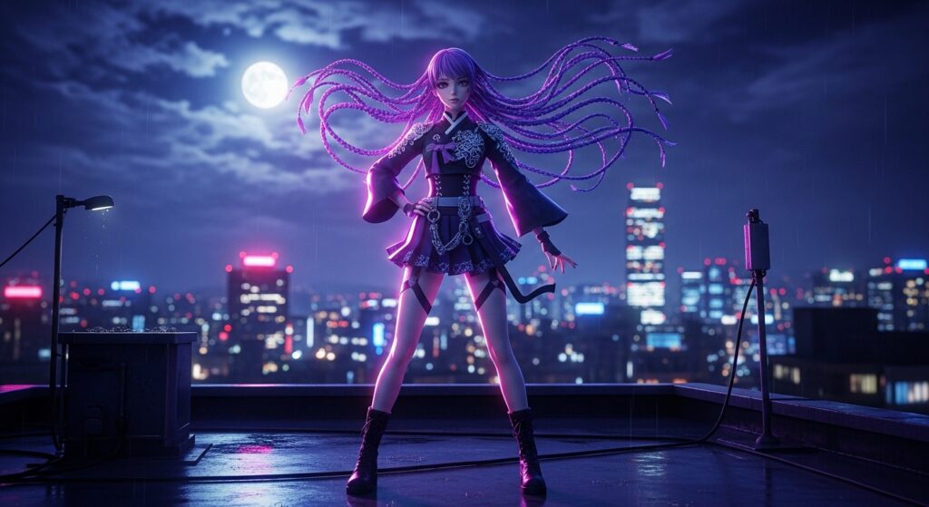 Anime character with purple hair standing confidently on stage