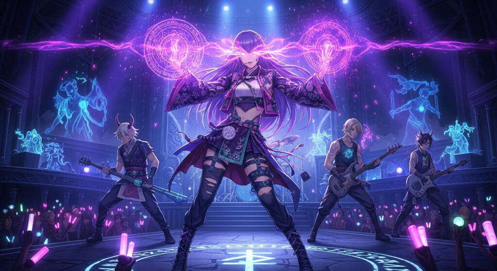 Anime characters illuminated by purple lights in a dark room