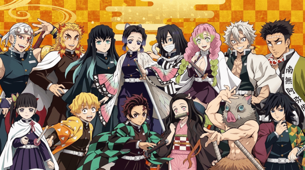 Anime characters pose together against a vibrant orange background