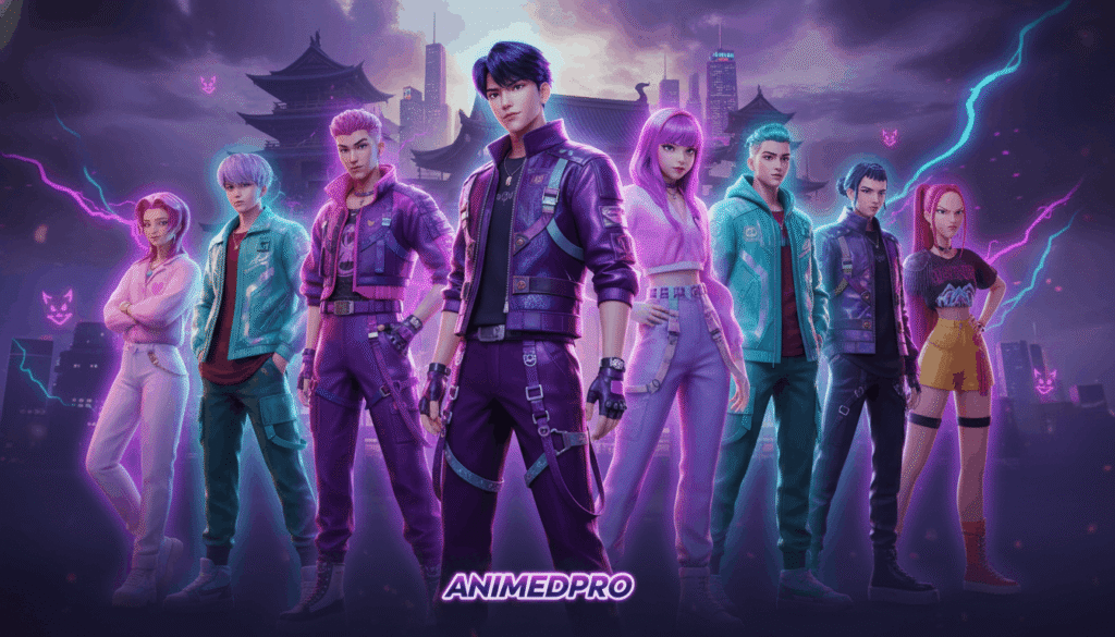 Anime characters pose together against a vibrant purple background