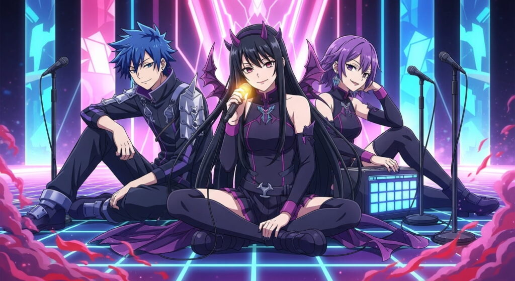 Anime characters seated on a stage illuminated by vibrant purple lights