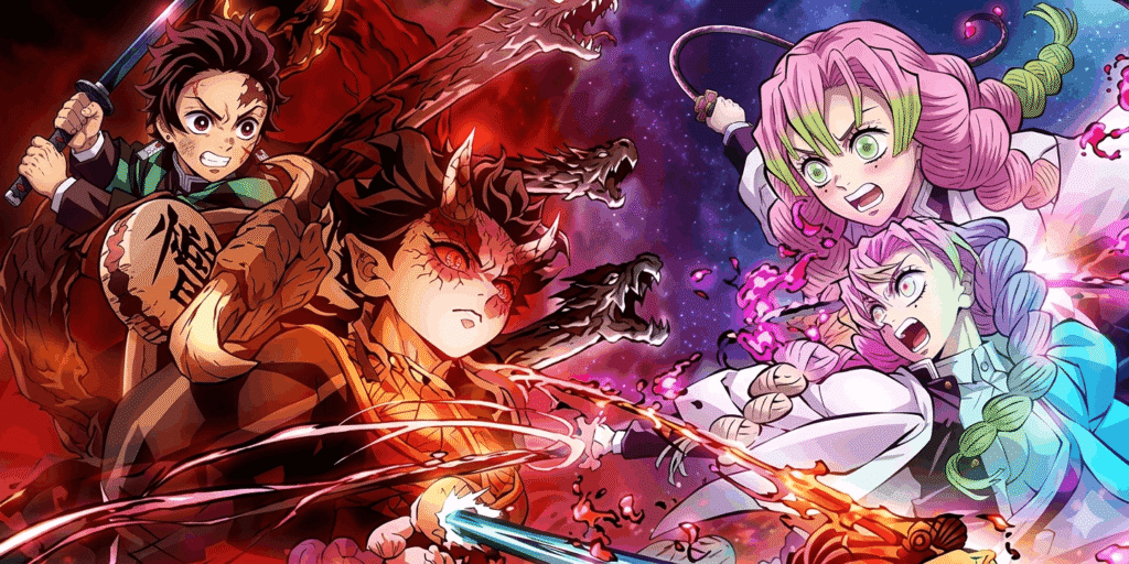 Anime characters wielding swords stand against a vibrant