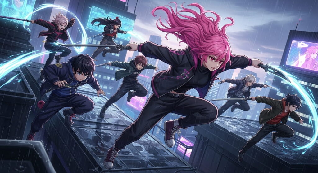 Anime characters with pink hair wielding swords stand confidently in a vibrant cityscape