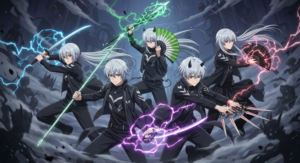 Anime characters with white hair dressed in sleek black outfits