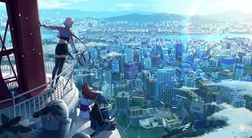 Anime cityscape featuring a woman standing on a rooftop
