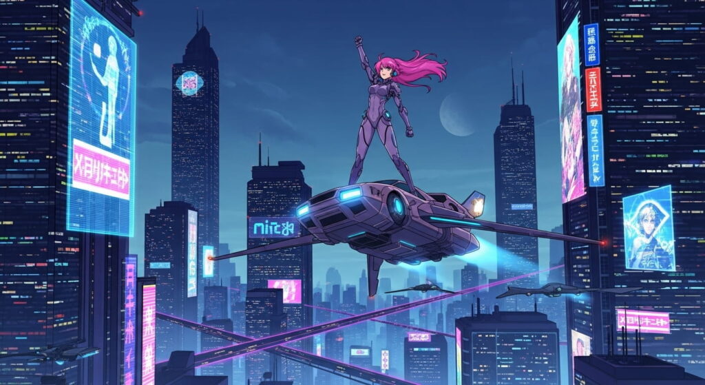 Anime girl soaring above a city skyline illuminated by night light