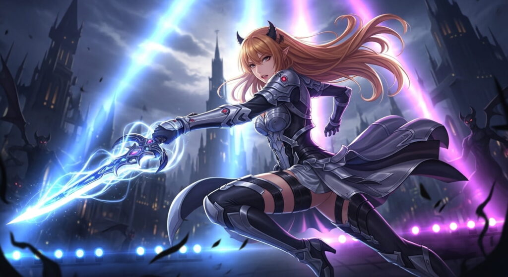 Anime girl wielding a sword stands confidently in a dark