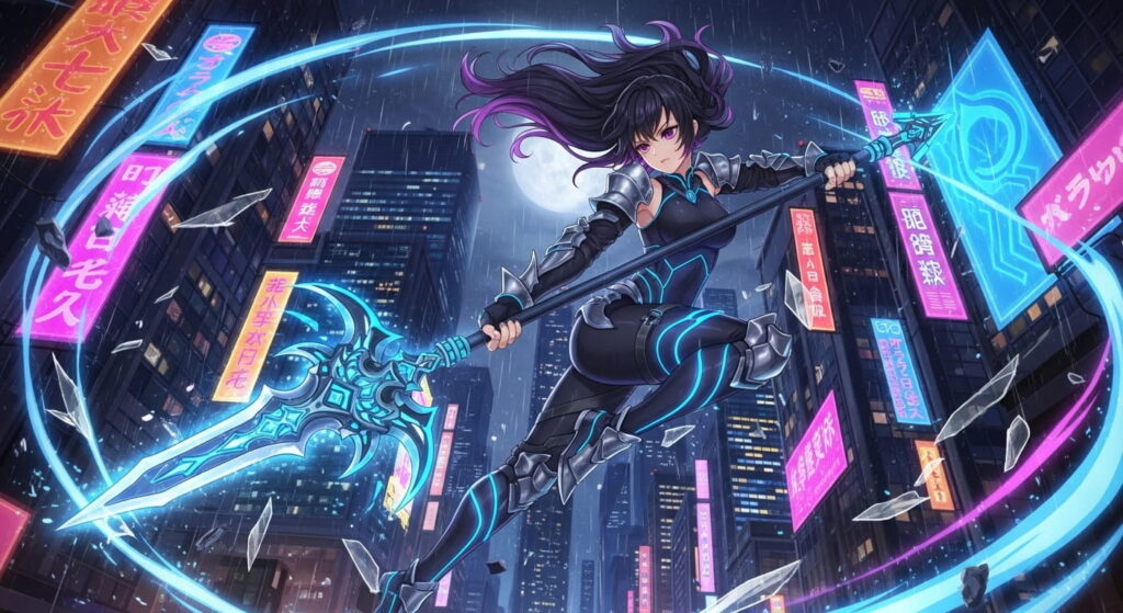 Anime girl wielding a sword stands confidently in a vibrant cityscape illuminated by night lights