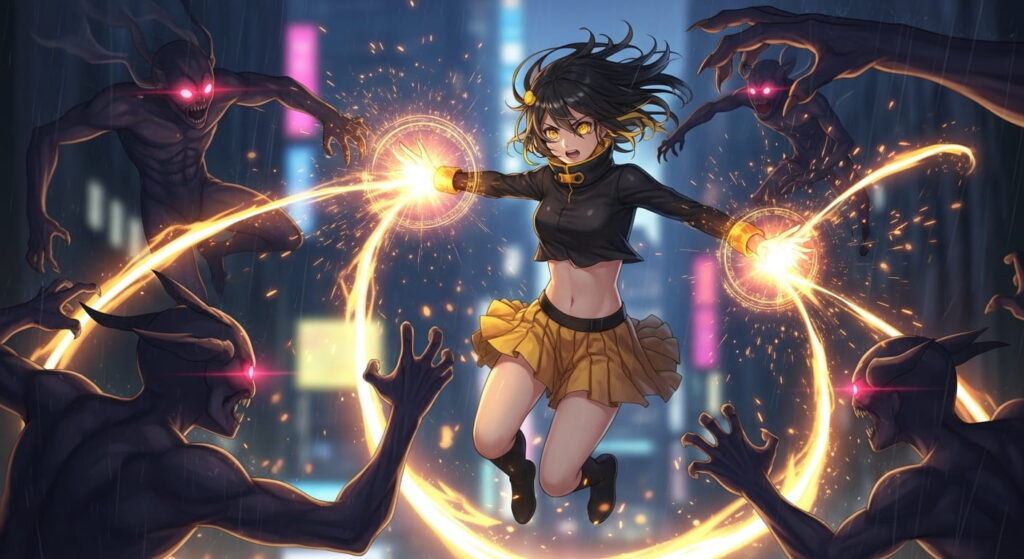 Anime girl wielding fire in her hands stands beside a menacing demon