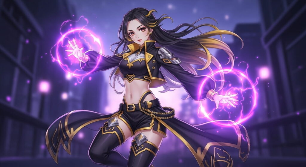 Anime girl with black hair illuminated by purple lights