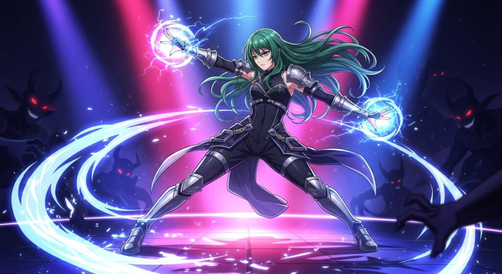 Cartoon girl with long black hair wearing a red shirt