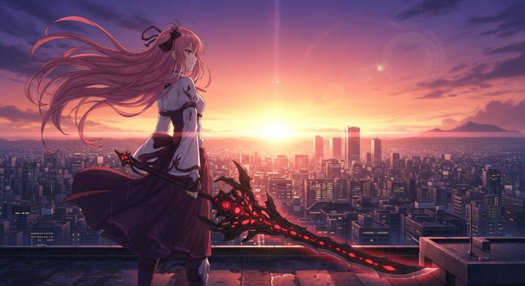 Anime girl with long hair stands on a rooftop