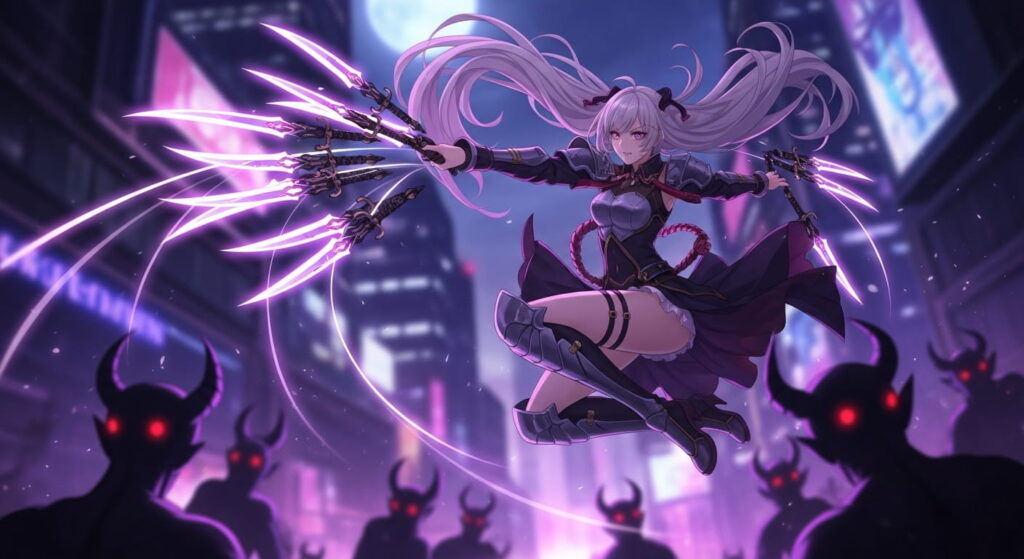 Anime girl with long purple hair soaring through the air