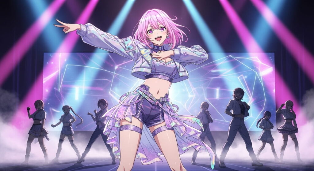 Anime girl with pink and purple hair joyfully dancing