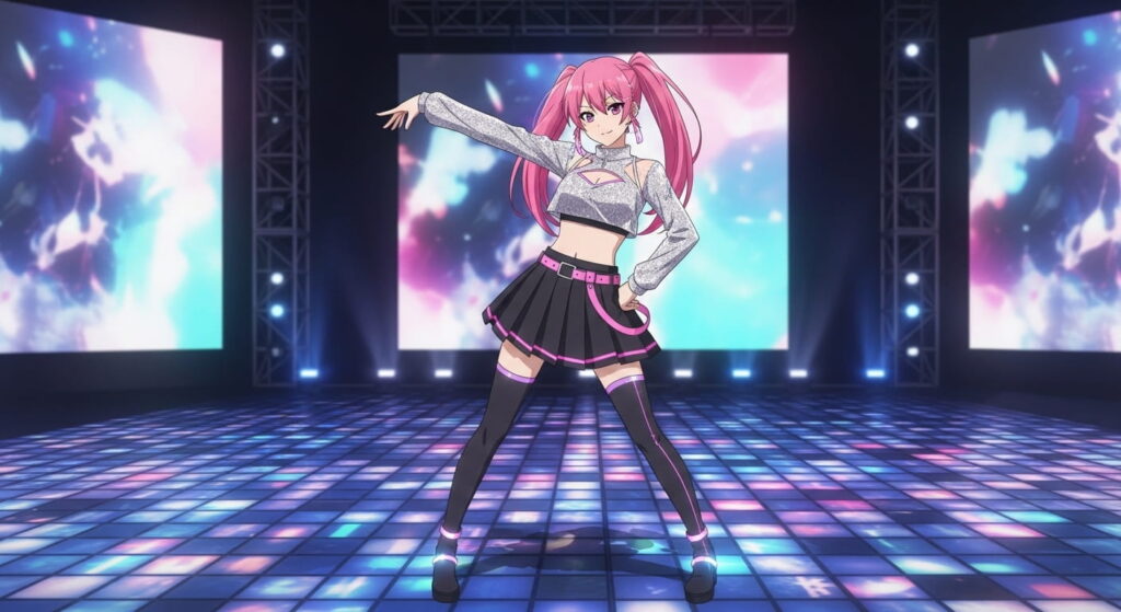 Anime girl with pink hair and a black skirt dancing on a vibrant dance floor