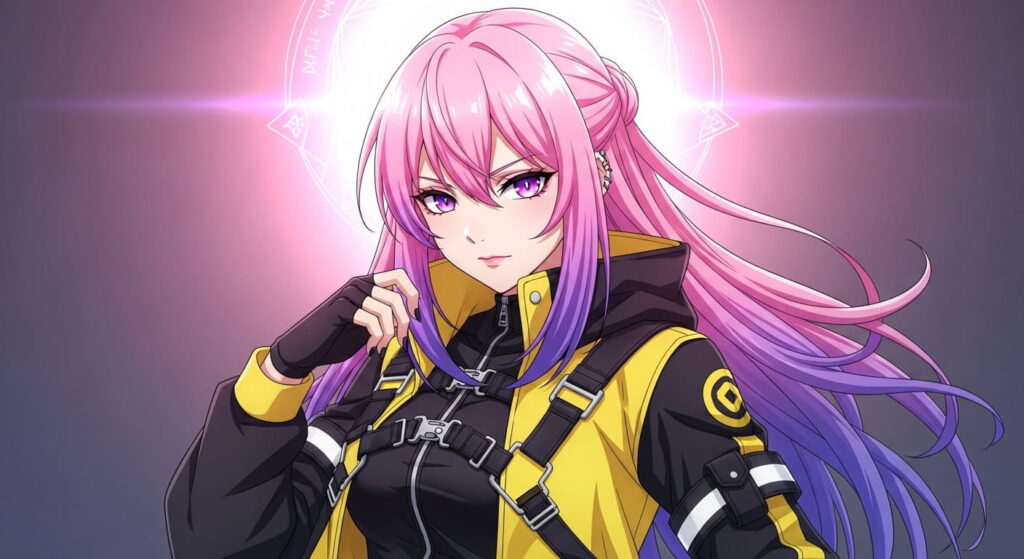 Anime girl with pink hair, featured in a vibrant wallpaper design