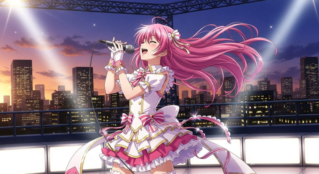 Anime girl with pink hair passionately singing on stage