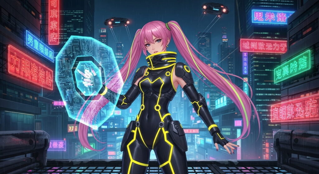 Anime girl with pink hair stands against a backdrop of vibrant neon lights