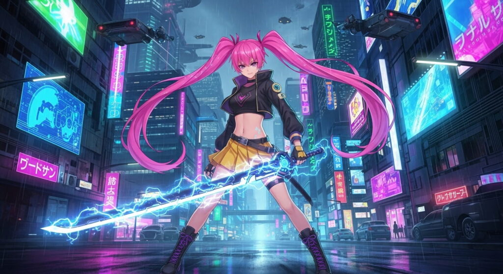 Anime girl with pink hair stands in a bustling city street