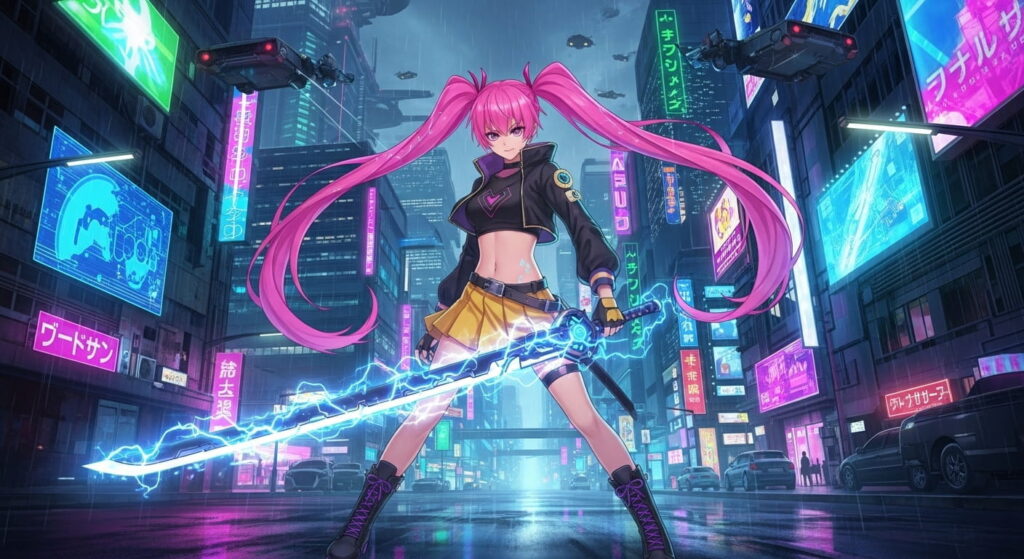 Anime girl with pink hair stands in a bustling city street