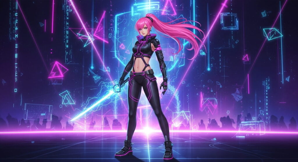 Anime girl with pink hair stands in front of vibrant neon lights