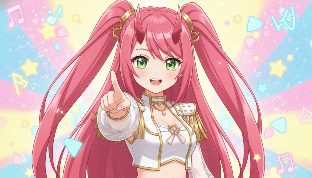 Anime girl with pink hair wearing a white shirt