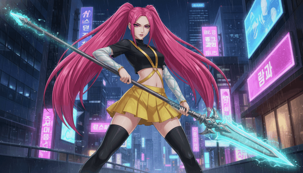 Anime girl with pink hair wielding a sword